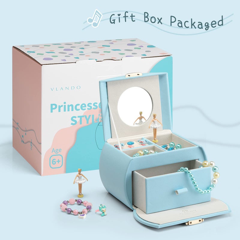 Vlando Kids Musical Jewelry Box for Girls with Drawer, Music Box with Ballerina and Stickers for Birthday Bedroom Decor, Gifts for Girls Kids Christmas Thanksgiving Gifts 2023 - Blue - Image 2