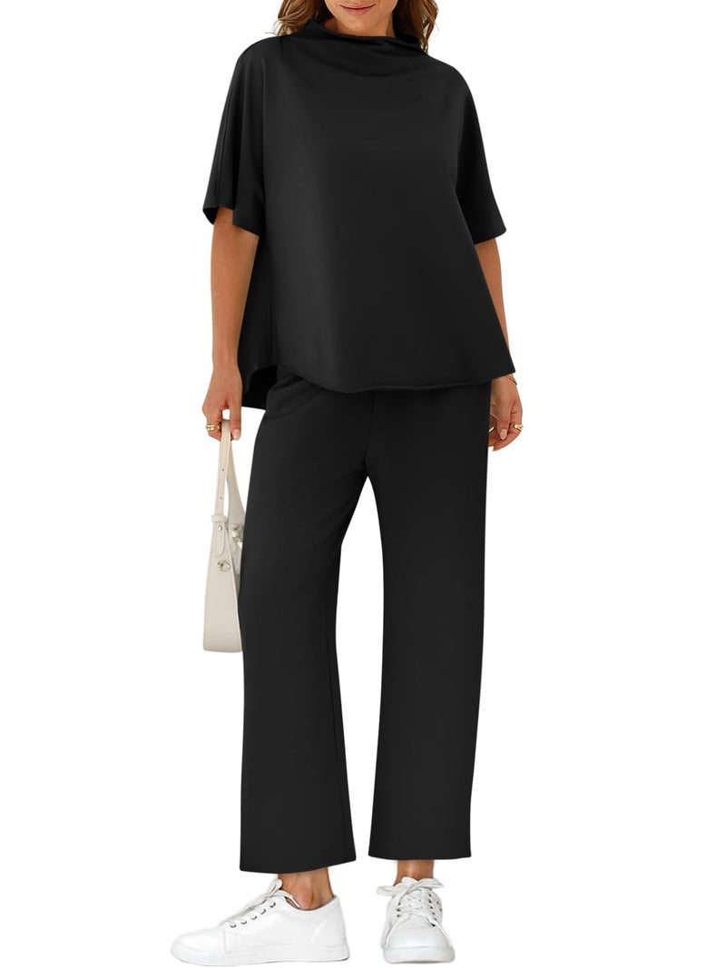 Yousify Women's Two Piece Sets 3/4 Batwing Sleeve Capelet Crew Neck Pullover Top Wide Leg Pants 2 Piece Lounge Set Travel Outfits - Image 1