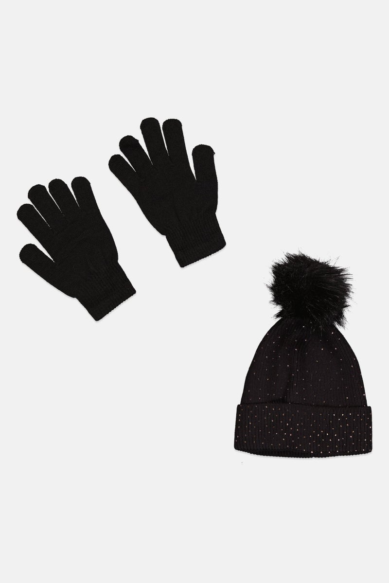 Daisy Fuentes Women 2 Piece Rhinestone Glove And Beanie Set, Black - Image 2