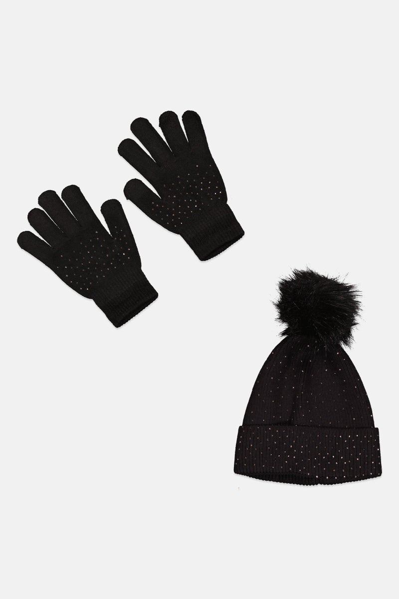 Daisy Fuentes Women 2 Piece Rhinestone Glove And Beanie Set, Black - Image 1