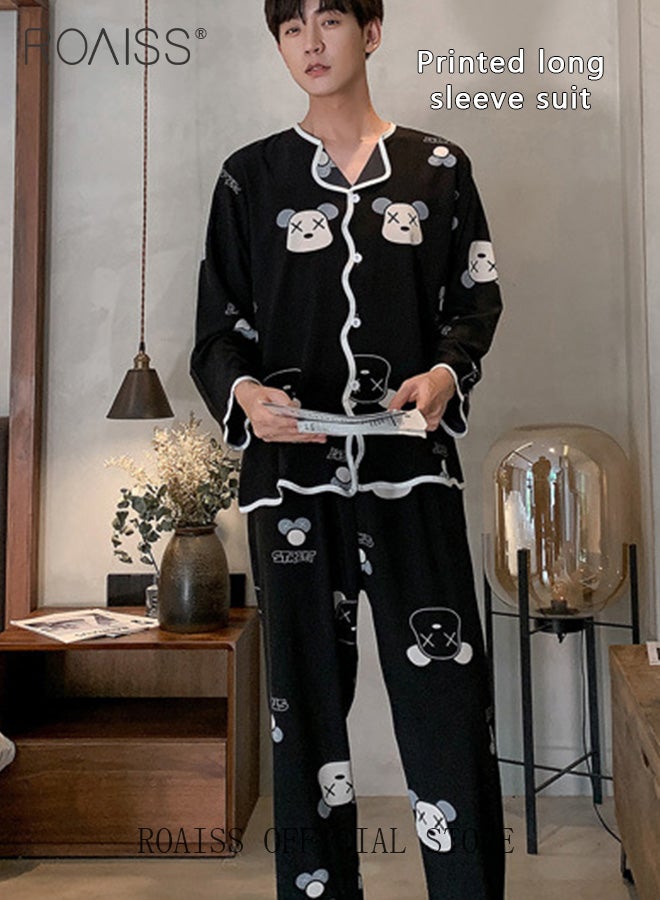 roaiss 2 Piece Long Sleeve Pajamas Outfit for Men, Soft Printed Loungewear Set with Button Down Notch Collar Top and Elastic Waist Long Pants, Perfect for Sleeping or Lounging Around Your House - Image 1
