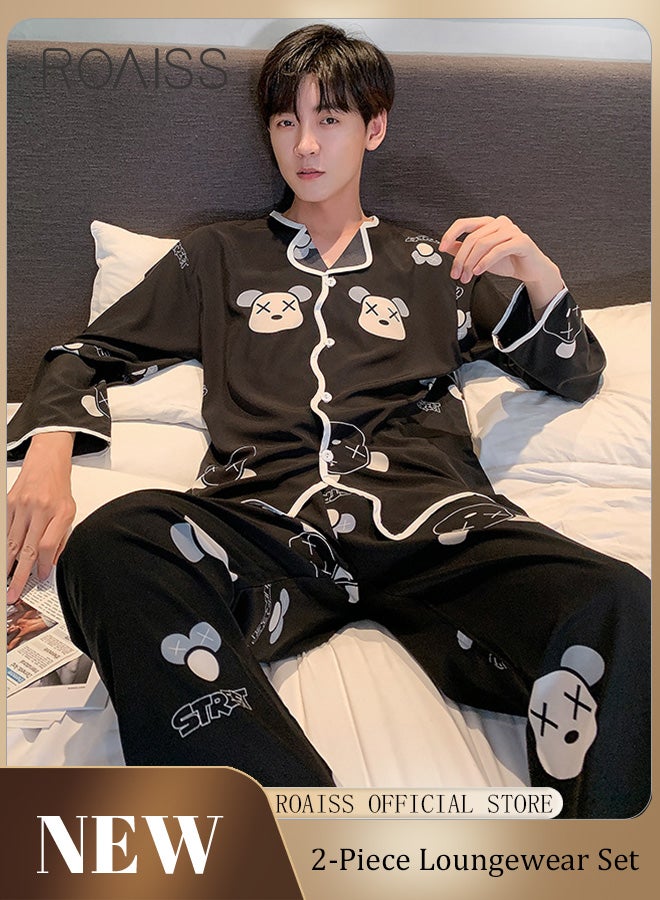 roaiss 2 Piece Long Sleeve Pajamas Outfit for Men, Soft Printed Loungewear Set with Button Down Notch Collar Top and Elastic Waist Long Pants, Perfect for Sleeping or Lounging Around Your House - Image 2