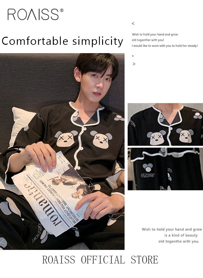 roaiss 2 Piece Long Sleeve Pajamas Outfit for Men, Soft Printed Loungewear Set with Button Down Notch Collar Top and Elastic Waist Long Pants, Perfect for Sleeping or Lounging Around Your House - Image 3