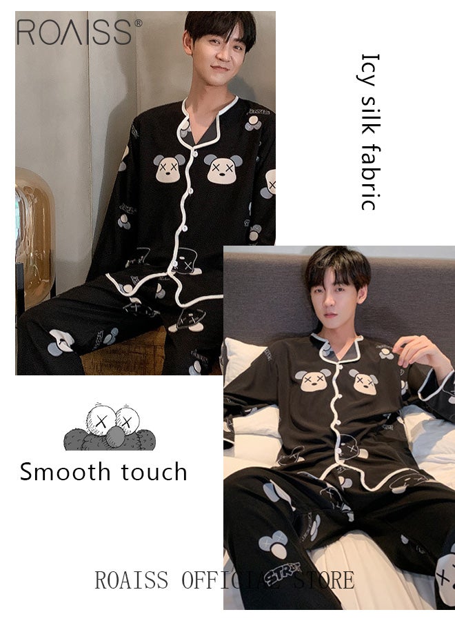 roaiss 2 Piece Long Sleeve Pajamas Outfit for Men, Soft Printed Loungewear Set with Button Down Notch Collar Top and Elastic Waist Long Pants, Perfect for Sleeping or Lounging Around Your House - Image 4