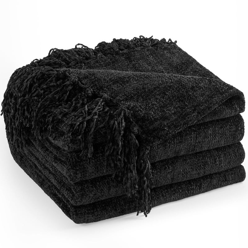 LONG CREATE Chenille Throw Blanket for Couch 60X 80 Twin Soft Cozy Throws with Fringe Tassel for Bed Sofa Chair Cover Lightweight Knitted Decorative Boho Blankets for Living Room Black - Image 2