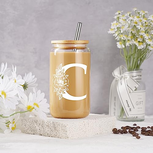 Coolife Initial Glass Cup, Monogrammed Gifts for Women, 16oz Glass Cups w/Lids Straws, Iced Coffee Smoothie Beer Tumbler w/Straw Lid, Personalized Mothers Day, Birthday Gifts for Woman Mom Friend Her - Image 4