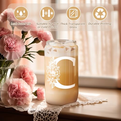 Coolife Initial Glass Cup, Monogrammed Gifts for Women, 16oz Glass Cups w/Lids Straws, Iced Coffee Smoothie Beer Tumbler w/Straw Lid, Personalized Mothers Day, Birthday Gifts for Woman Mom Friend Her - Image 2