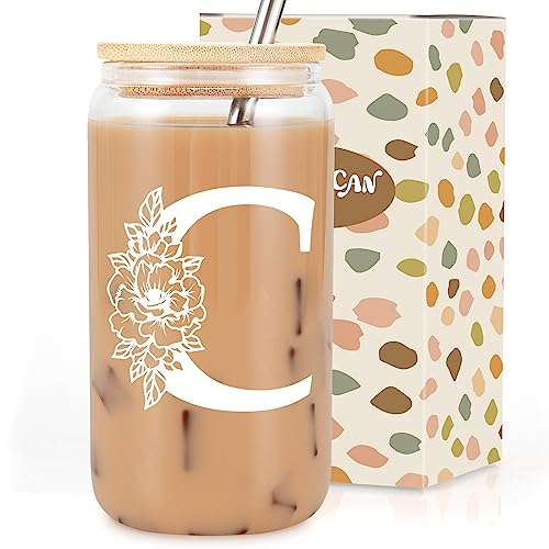 Coolife Initial Glass Cup, Monogrammed Gifts for Women, 16oz Glass Cups w/Lids Straws, Iced Coffee Smoothie Beer Tumbler w/Straw Lid, Personalized Mothers Day, Birthday Gifts for Woman Mom Friend Her - Image 1