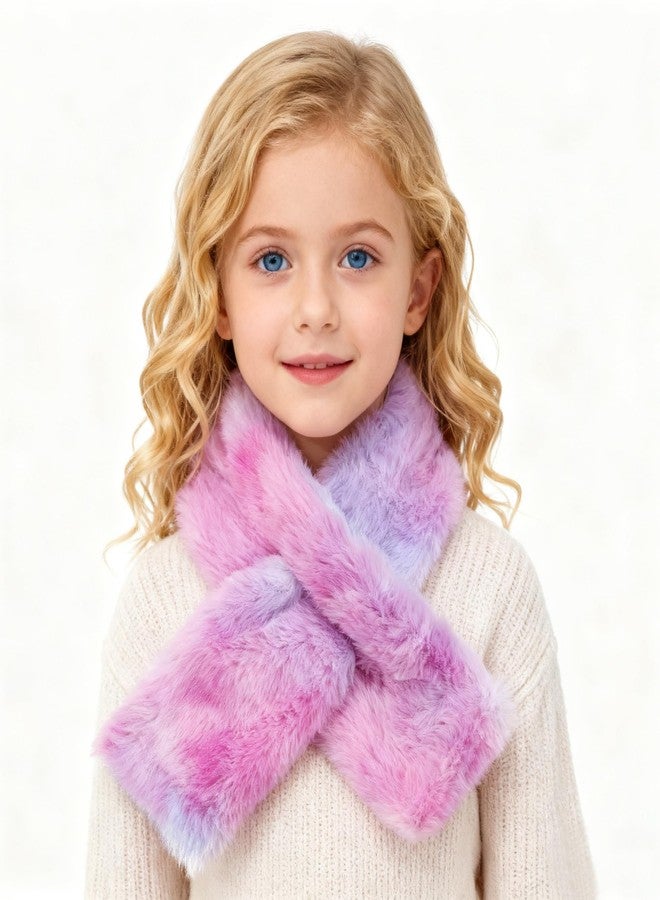 Newfancy Kids Winter Rainbow Scarf Gradient Cross Tie Collar Fluffy Fur Plush Shawl Wrap Neck Warmer for Toddler Girls Boys, Gradient Pink, - Image 2