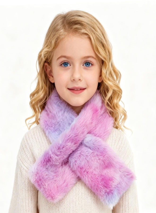 Newfancy Kids Winter Rainbow Scarf Gradient Cross Tie Collar Fluffy Fur Plush Shawl Wrap Neck Warmer for Toddler Girls Boys, Gradient Pink, - Image 3