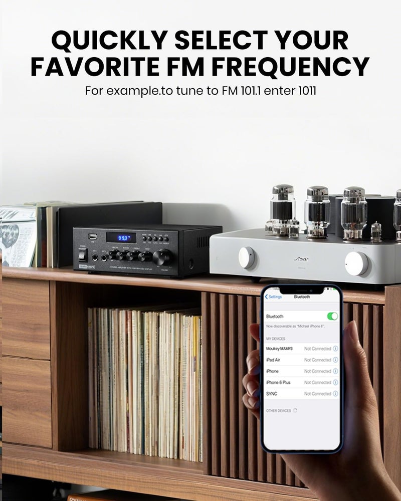 Moukey Amplifier Home Audio, 2.0 Channel Stereo Receivers with Bluetooth 5.3, Full Function Remote, FM, RCA, USB, 2 Mic in, 300W Peak Power, for Karaoke, Garage, Home Theater, MAMP3 - Image 5