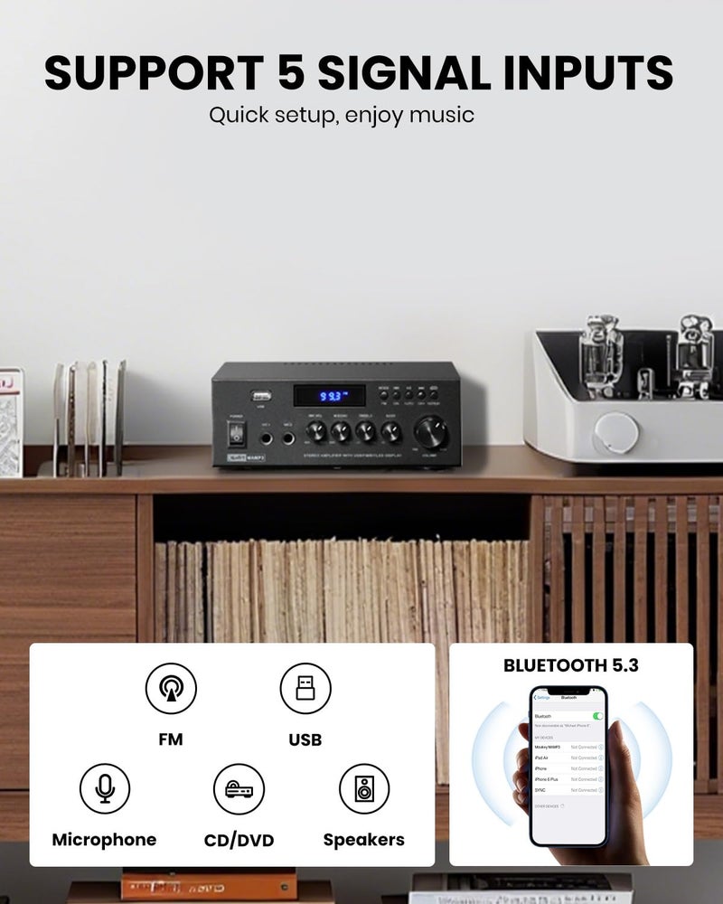 Moukey Amplifier Home Audio, 2.0 Channel Stereo Receivers with Bluetooth 5.3, Full Function Remote, FM, RCA, USB, 2 Mic in, 300W Peak Power, for Karaoke, Garage, Home Theater, MAMP3 - Image 3