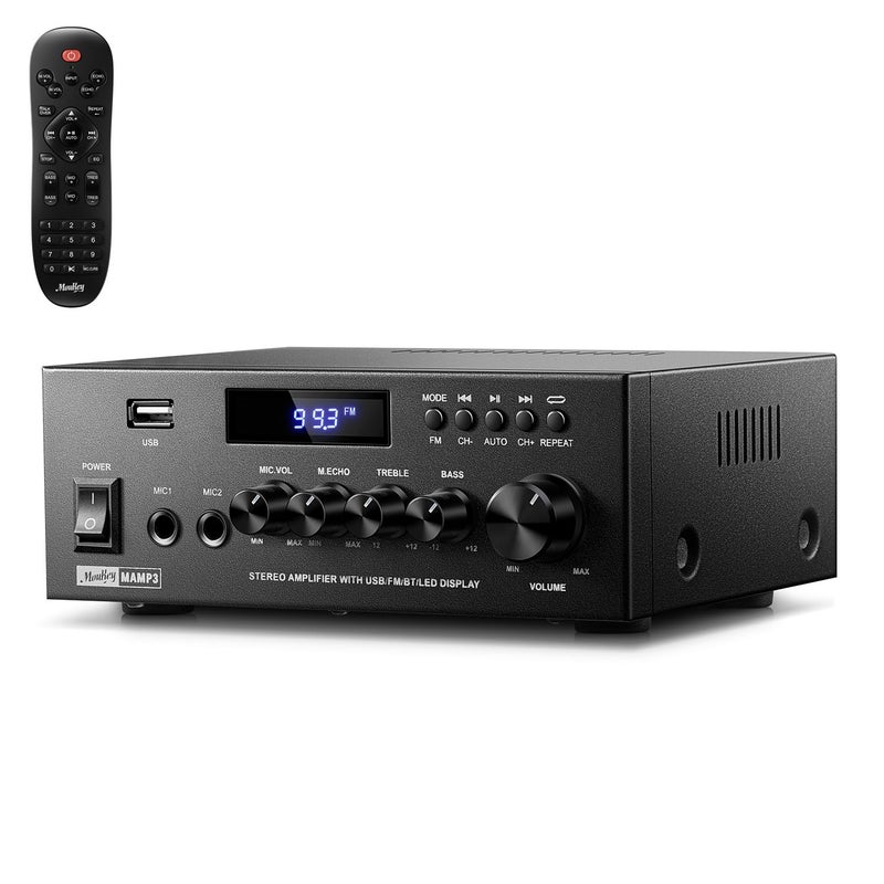 Moukey Amplifier Home Audio, 2.0 Channel Stereo Receivers with Bluetooth 5.3, Full Function Remote, FM, RCA, USB, 2 Mic in, 300W Peak Power, for Karaoke, Garage, Home Theater, MAMP3 - Image 1