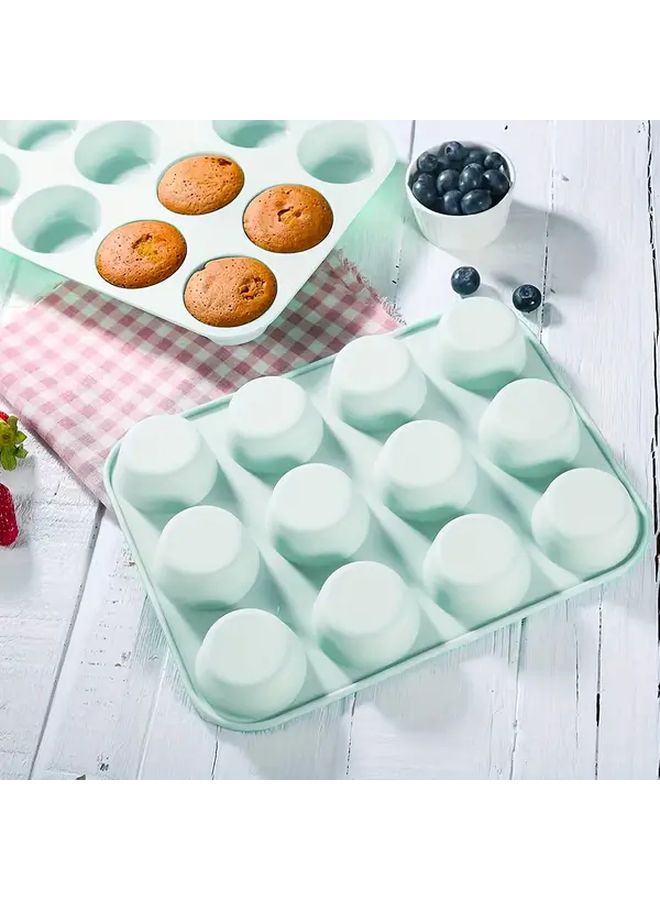 Green Silicone Cake Mold 12 Cavity For Muffins Cupcakes Pancakes Oven Air Fryer Safe - Image 2