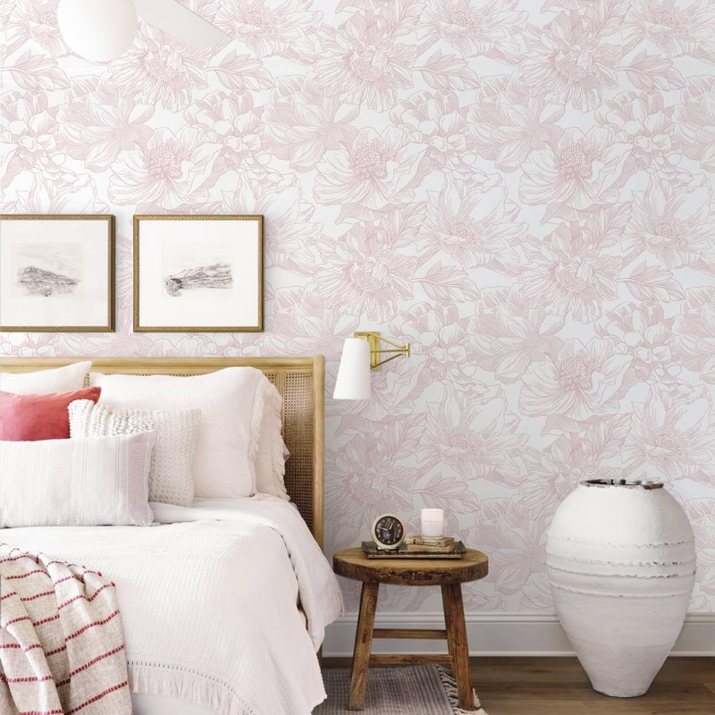 Ismoon Large Floral Peel and Stick Wallpaper Boho White/Pink Contact Paper 17.3inx6.5ft Removable Self Adhesive Bedroom Cabinet Mural Wall Decor Vinyl Roll - Image 2
