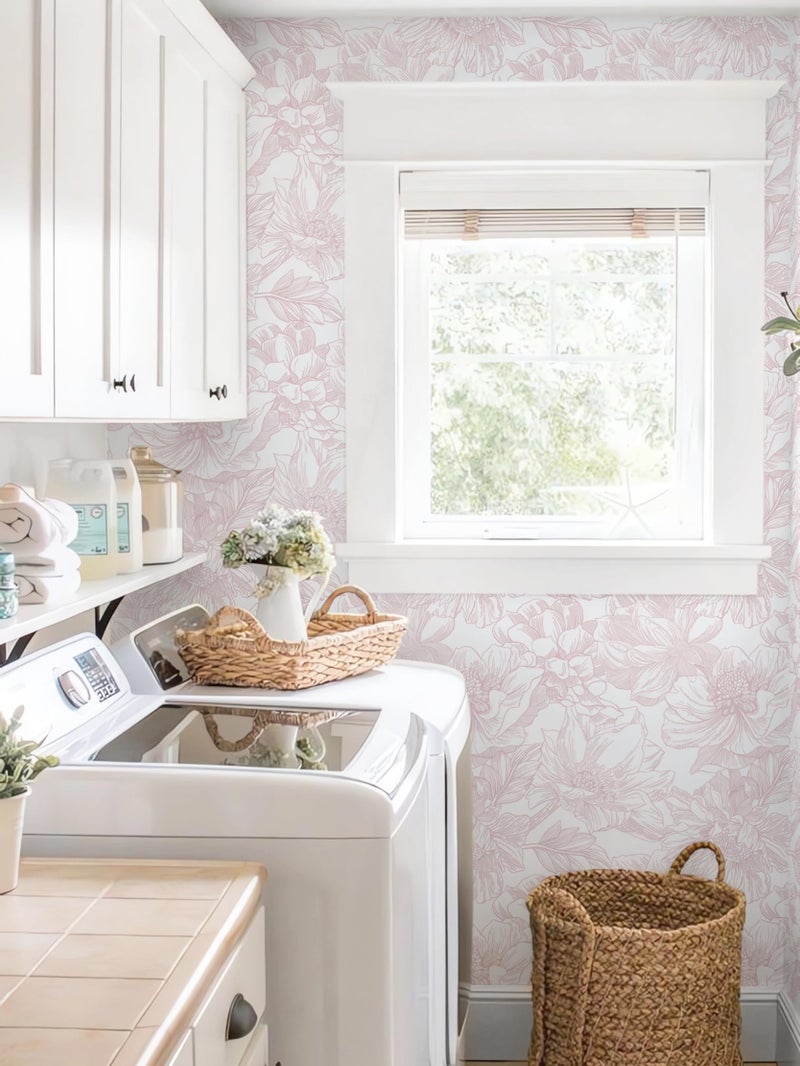 Ismoon Large Floral Peel and Stick Wallpaper Boho White/Pink Contact Paper 17.3inx6.5ft Removable Self Adhesive Bedroom Cabinet Mural Wall Decor Vinyl Roll - Image 5