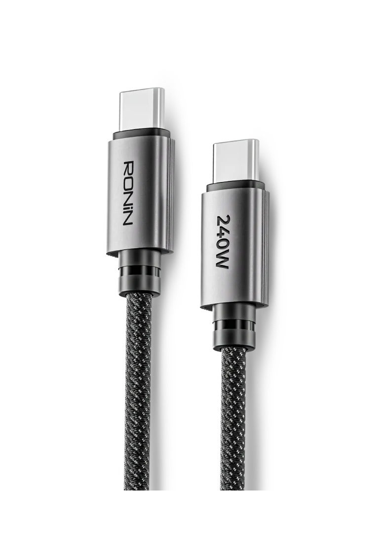 رونين كابل رونين رش R-2050 من Type-C إلى Type-C - شحن فائق السرعة 240 واط - تصميم مجدول محمي - طول 1.2 متر - متوافق مع اللابتوب والأجهزة اللوحية وسامسونج وماك بوك وجميع أجهزة USB-C - أسود - Image 1