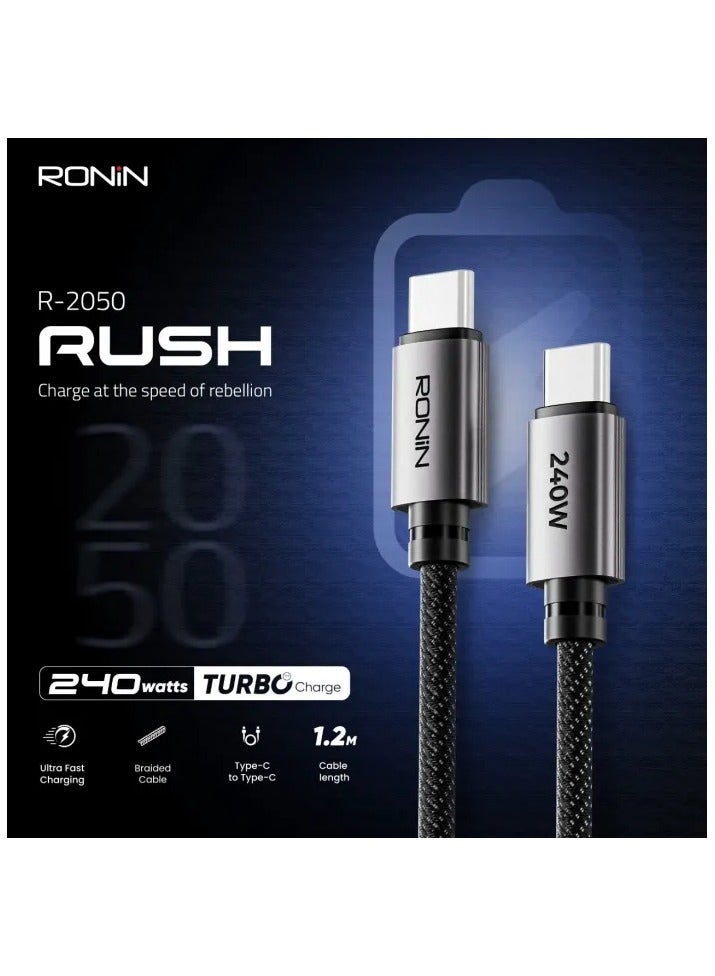 رونين كابل رونين رش R-2050 من Type-C إلى Type-C - شحن فائق السرعة 240 واط - تصميم مجدول محمي - طول 1.2 متر - متوافق مع اللابتوب والأجهزة اللوحية وسامسونج وماك بوك وجميع أجهزة USB-C - أسود - Image 3