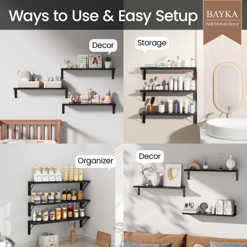 BAYKA Wall Mounted Floating Shelves, Wood Floating Wall Shelf for Books & Decor, Small Space-Saving Display & Organizerï¼ˆBlackï¼Œ23inï¼ŒSet of 3ï¼‰ - Image 3