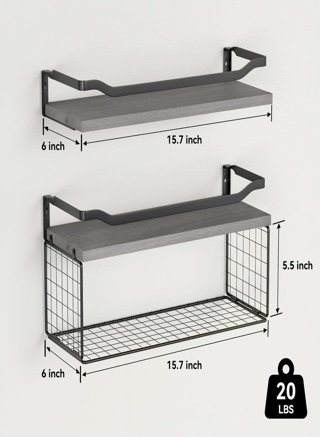 WOPITUES Floating Shelves with Wire Storage Basket, Bathroom Shelves Over Toilet with Protective Metal Guardrail, Wood Wall Shelves for Bathroom, Bedroom, Living Room, Toilet Paper- Gray - Image 3