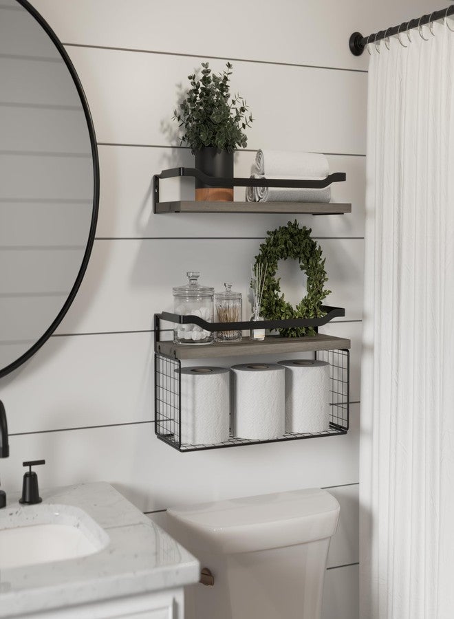 WOPITUES Floating Shelves with Wire Storage Basket, Bathroom Shelves Over Toilet with Protective Metal Guardrail, Wood Wall Shelves for Bathroom, Bedroom, Living Room, Toilet Paper- Gray - Image 2