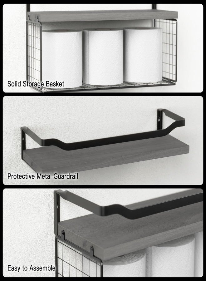WOPITUES Floating Shelves with Wire Storage Basket, Bathroom Shelves Over Toilet with Protective Metal Guardrail, Wood Wall Shelves for Bathroom, Bedroom, Living Room, Toilet Paper- Gray - Image 4