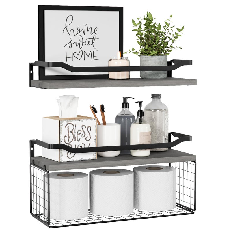 WOPITUES Floating Shelves with Wire Storage Basket, Bathroom Shelves Over Toilet with Protective Metal Guardrail, Wood Wall Shelves for Bathroom, Bedroom, Living Room, Toilet Paper- Gray - Image 1