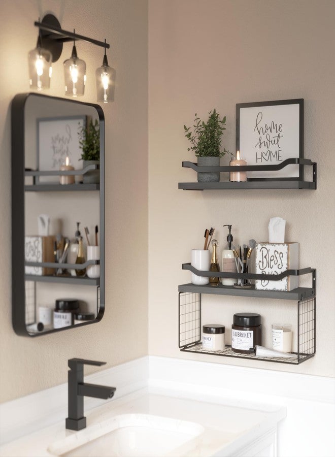 WOPITUES Floating Shelves with Wire Storage Basket, Bathroom Shelves Over Toilet with Protective Metal Guardrail, Wood Wall Shelves for Bathroom, Bedroom, Living Room, Toilet Paper- Gray - Image 5