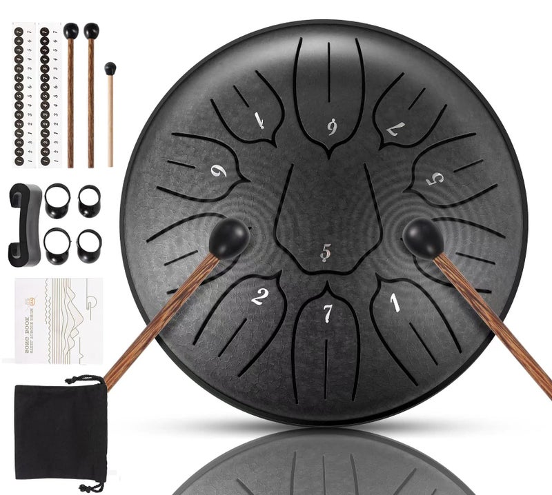 Harmuhos Rain Drum for Outside, 6 Inch 11 Notes D Major Steel Tongue Drum, Steel Drum Percussion Instrument for Yoga, Meditation & Music Education with Music Book, Mallets, Carry Bag & Finger Picks - Image 1