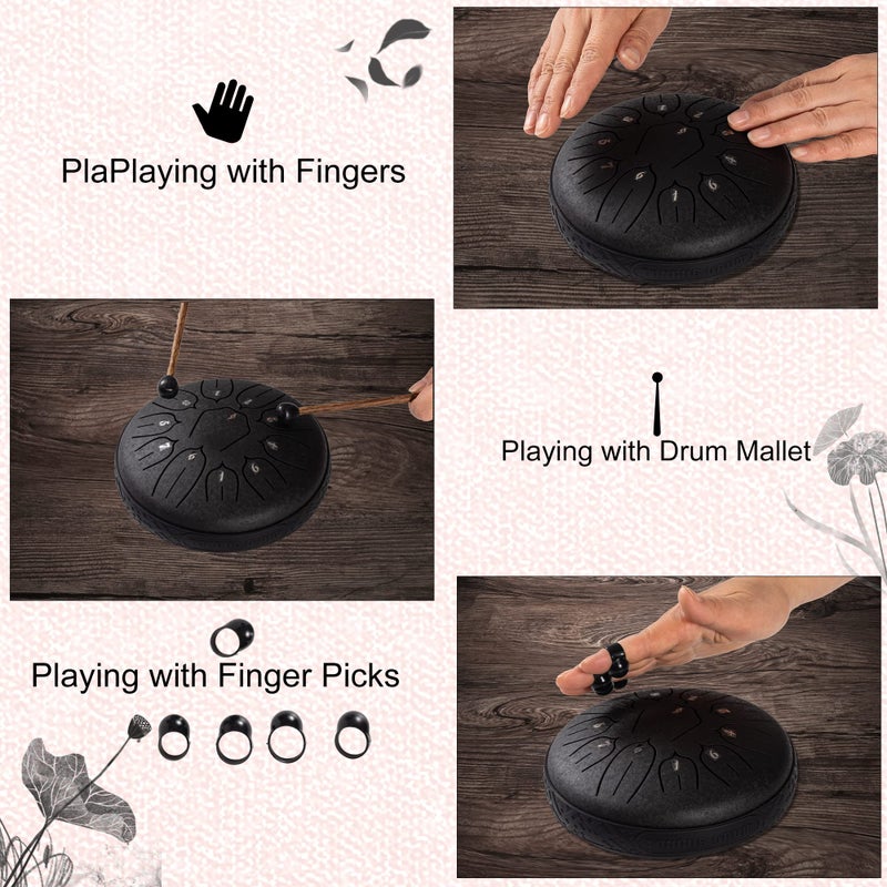 Harmuhos Rain Drum for Outside, 6 Inch 11 Notes D Major Steel Tongue Drum, Steel Drum Percussion Instrument for Yoga, Meditation & Music Education with Music Book, Mallets, Carry Bag & Finger Picks - Image 4