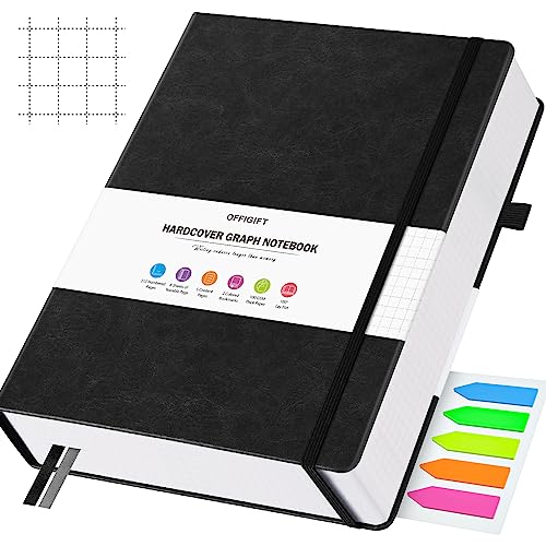 OFFIGIFT Graph Paper Notebook, 312 Numbered Pages Large A4 Hardcover Leather Journal, 100gsm No Bleed Grid Paper Notebook with Index Pages, Squared Grid Notebook for Graphing Notes Math, 8.5'' × 11'', Black - Image 1