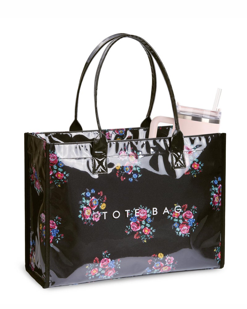 NPBAG Large PVC Tote Bag for Women, Kraft Paper Handbag Beach Tote with Letter Print, Top Handle Purse for Work Travel Shopping (Blooming Flower) - Image 1