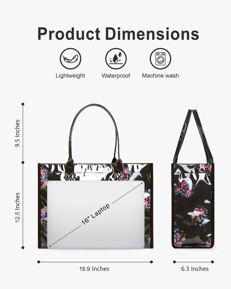 NPBAG Large PVC Tote Bag for Women, Kraft Paper Handbag Beach Tote with Letter Print, Top Handle Purse for Work Travel Shopping (Blooming Flower) - Image 4