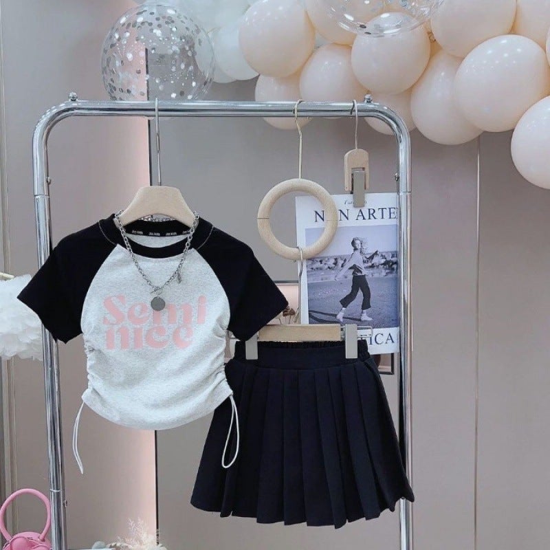 Summer Girls Spice Girls suit Summer Dress Large Childrens Short-sleeved Short Top Pleated Skirt Student Fashion Two-piece Set for Women Black