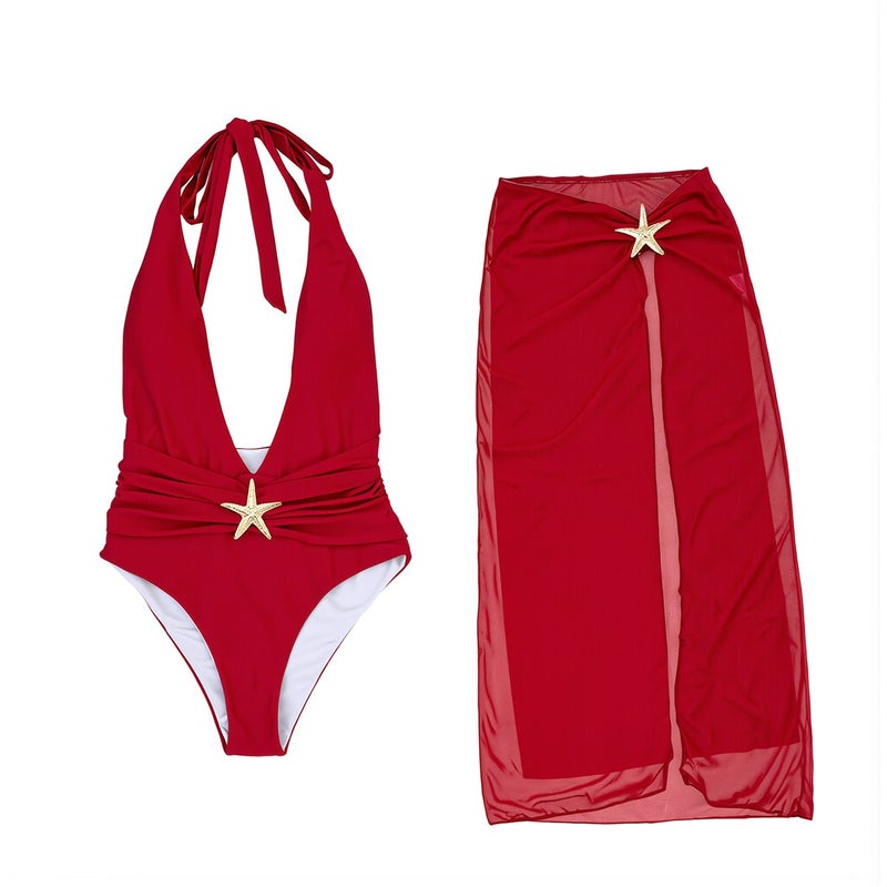 مجموعة ملابس سباحة قطعة واحدة حمالة عميقة V بزخرفة نجمة البحر، لون بني، مقاس S - Image 2