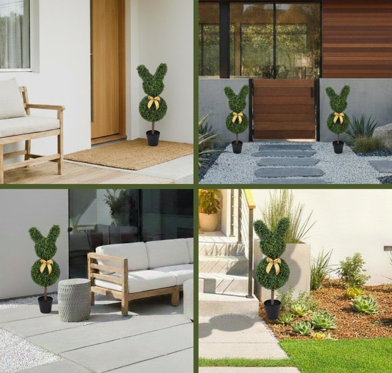 Artificial Home Decor 2 Pcs Bunny-Shape Boxwood Topiary â€“ 3 ft Faux Boxwood Bunny, UV & Weather-Resistant, Lifelike Decorative Garden Sculpture for Front Porch, Patio, Lawn, Backyard & Indoor Decor - Image 3