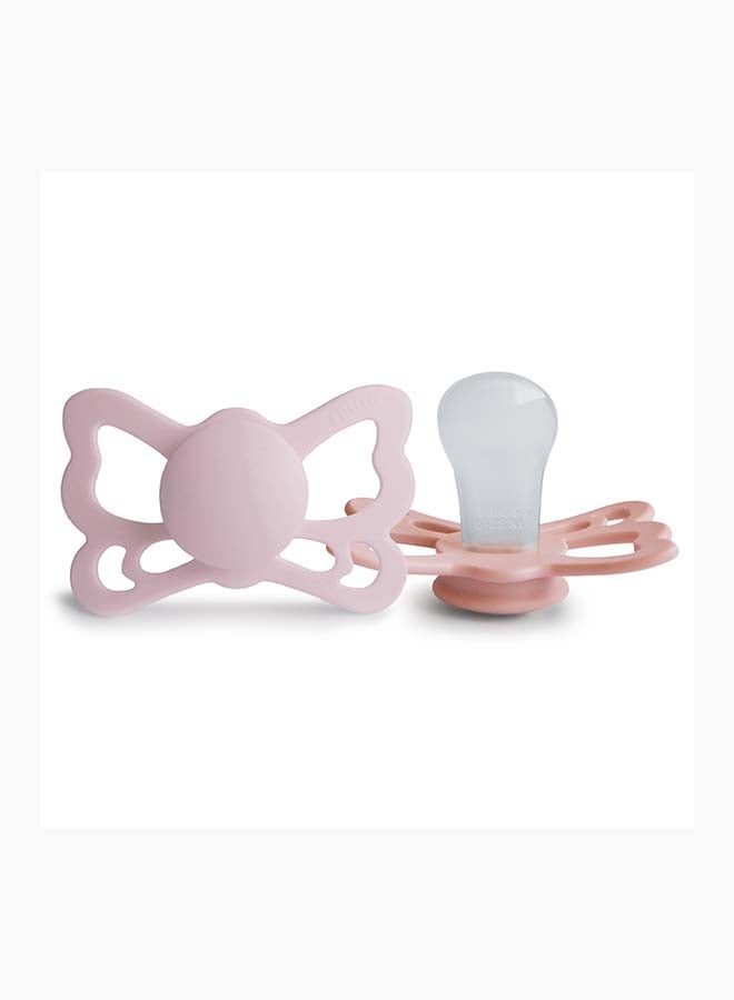FRIGG Butterfly Anatomical Silicone Baby Pacifier 6-18M 2-Pack Pretty In Peach/Primrose - Size 2