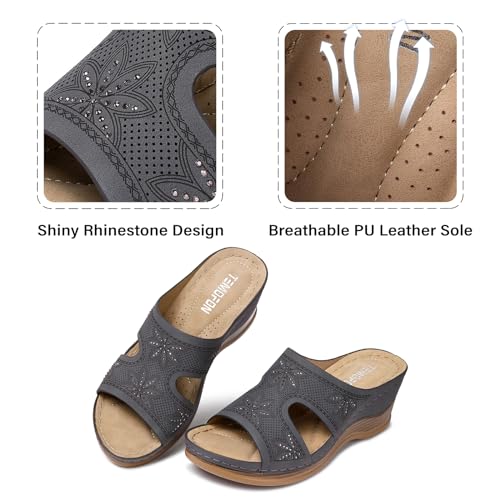 TEMOFON Women Wedge Sandals Dressy: Wedge Low Heel Platform Sandal Woman Slip on Wide Width Sandals Womens Comfort Elegantes Leather Shoes Summer Gray Size 11 - Image 4
