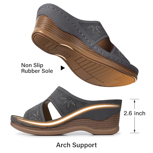 TEMOFON Women Wedge Sandals Dressy: Wedge Low Heel Platform Sandal Woman Slip on Wide Width Sandals Womens Comfort Elegantes Leather Shoes Summer Gray Size 11 - Image 5