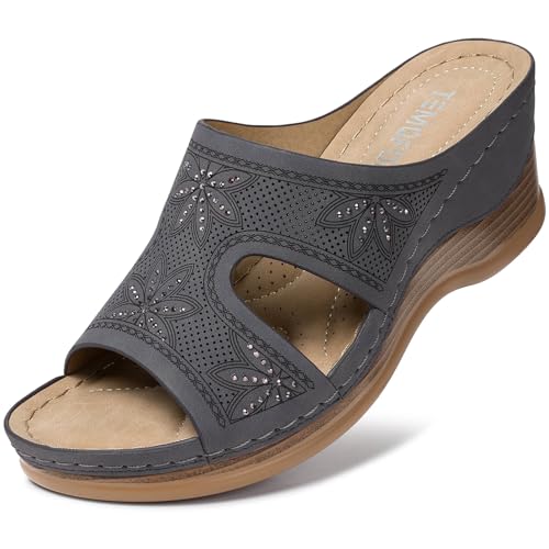 TEMOFON Women Wedge Sandals Dressy: Wedge Low Heel Platform Sandal Woman Slip on Wide Width Sandals Womens Comfort Elegantes Leather Shoes Summer Gray Size 11 - Image 1