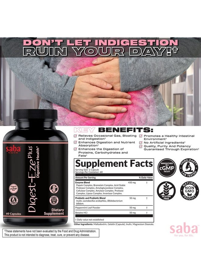 Saba Kombucha Saba Digestive-EZE Plus-Broad Spectrum Plant-Sourced Enzymes, Prebiotics & Probiotics -Support Digestive & Gut Functions, Immunity & Absorption with Betaine, Bromelain -60 Capsules  - Image 3