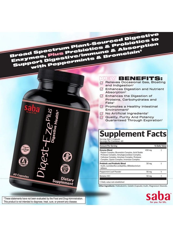 Saba Kombucha Saba Digestive-EZE Plus-Broad Spectrum Plant-Sourced Enzymes, Prebiotics & Probiotics -Support Digestive & Gut Functions, Immunity & Absorption with Betaine, Bromelain -60 Capsules  - Image 2