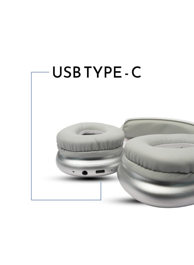 سماعات رأس لاسلكية من الجيل الثاني من باور لاب، مزودة بوسائد أذن إسفنجية مريحة | شحن USB-C | عصابة رأس قابلة للتعديل | صوت فائق الجودة | فضي - Image 2