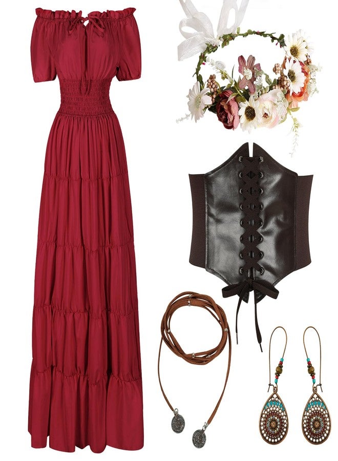 HSDOU 5 Pcs Renaissance Medieval Costume Dress Women Fairy Dress Peasant Cottagecore Dress 1700s Victorian Fantasy Fairy Costume(Z3768RD,3XL) - Image 1