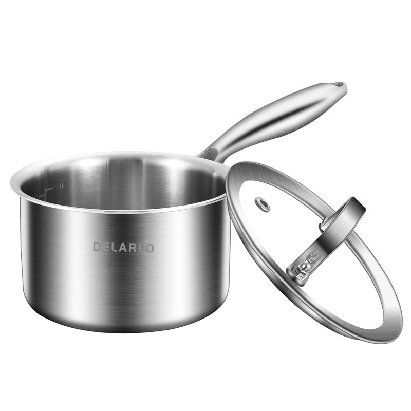 DELARLO TriPly Stainless Steel 1 Quart Saucepan with Lid Compatible With All Stove 600 Small Pots for Cooking Fast Even Heats Stainless Pot 1QT Durable Sauce Pot Saucepan with Lid
