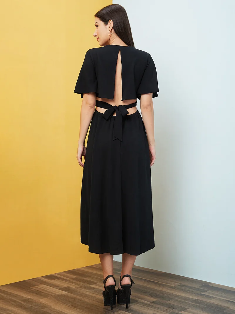 globus Women Black Flared Sleeves Cut Out Fit & Flare Midi Dress