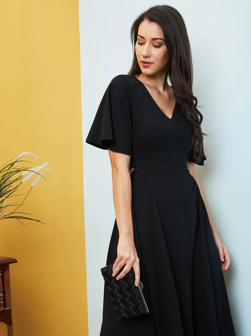 globus Women Black Flared Sleeves Cut Out Fit & Flare Midi Dress