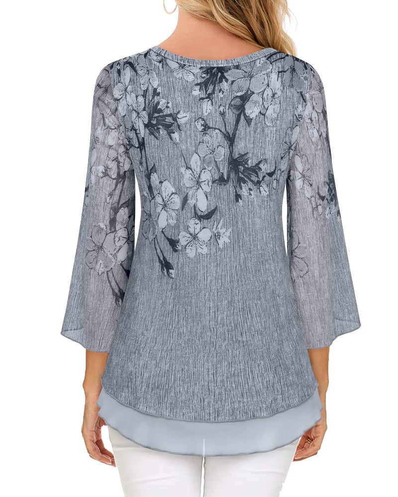 Timeson Peasant Blouses for Women,V Neck Tunic Tops to Wear with Leggings 3/4 Sleeve Shirts for Women Floral Dressy Business Casual Modlily Tops Ladies Long Shirts Office Work Wear Black Gray M - Image 4