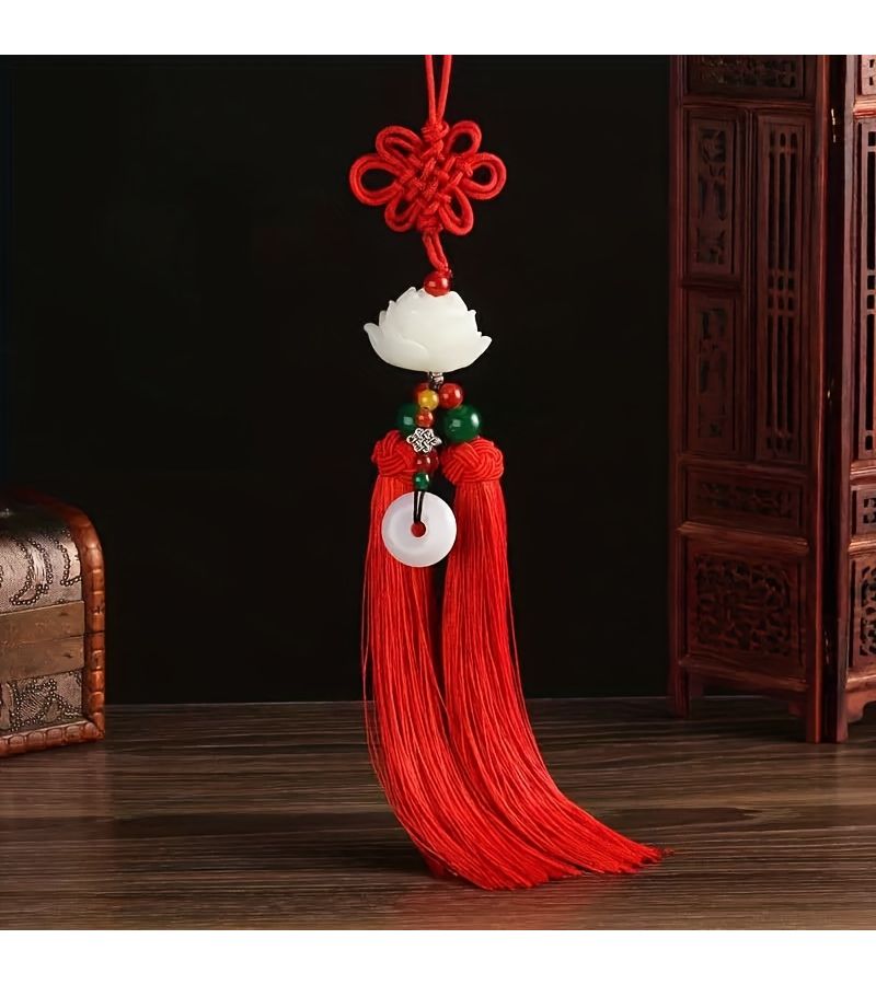 2D Flat Yellow Lotus Car Hanging Ornament With Safety Knot And Green Tassel For Rearview Mirror - Image 5
