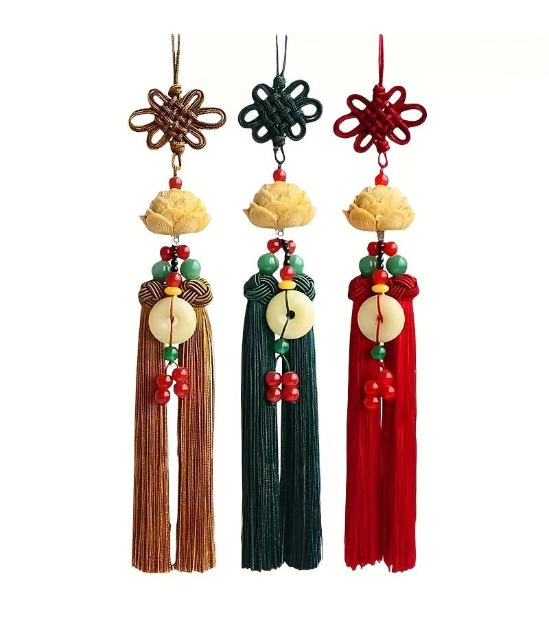 2D Flat Yellow Lotus Car Hanging Ornament With Safety Knot And Green Tassel For Rearview Mirror - Image 1